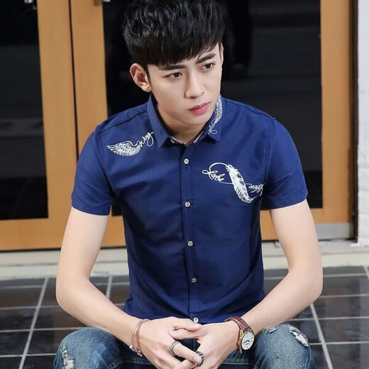 XCFREHT thin summer new short-sleeved shirt men's Korean style student handsome slim embroidered casual shirt men's trend 829 white M 80-100Jin [Jin equals 0.5 kg]