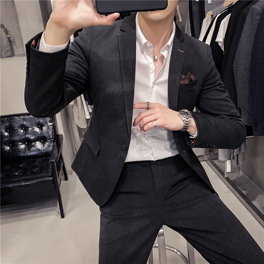 Bu Zhifanji Casual Anzug Herrenjacke Anzug Herreninterview Frühling und Herbst Korean Style Trendy Slim Fit großes Hochzeitskleid Schwarz-Drei-Stück-Set (Stoff + Hemd + Hose) s