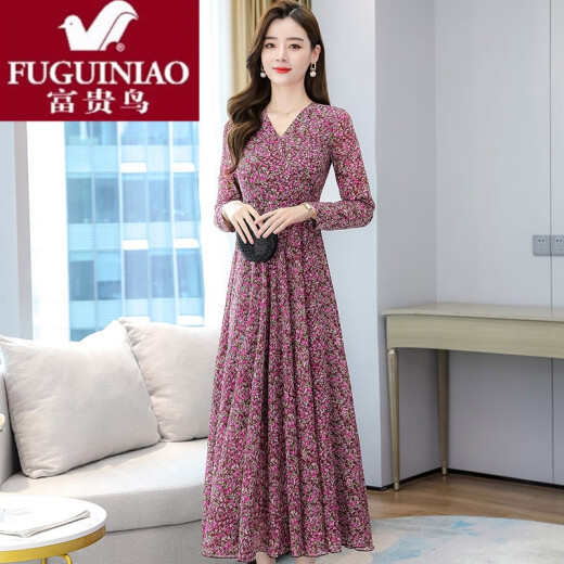 Fuguiniao light luxury new long-sleeved dress 2020 new early autumn young mother floral chiffon long skirt to ankle summer thin section spring and autumn pink 2XL