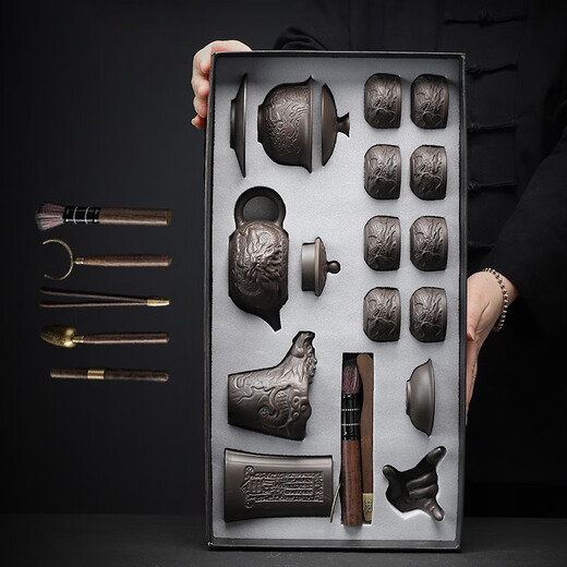 Leipin Longteng Zisha Kung Fu Tea Set Household Original Mineral Zisha Pot Teacup Tea Tray Complete Tea Set Gift Box Zisha Tea Set Longteng Sihai 14 Pieces (Gift Box)