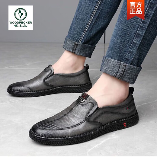 Woodpecker men's shoes summer 2025 new leather shoes British versatile one-piece dad's shoes fashionable soft sole casual leather shoes men 677 black 43
