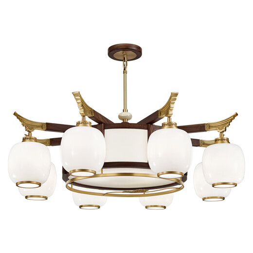 Kupfer Herzholz Reim neuer chinesischer Stil Kronleuchter Wohnzimmer Massives Holz Lampe moderne einfache schwarze Walnussvilla-Lampe Schlafzimmer Festholz Chinesische Stil Lantern J9721-6+1 Kopf [mit drei Farben Glühbirne]