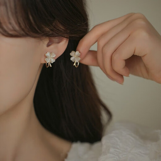 Yinyu imitation cat's eye stone four-leaf clover ear clip mosquito coil disc without pierced ear clip female niche high-end earrings female birthday gift gold-mosquito coil ear clip