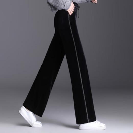 Meiya 2020 fashionable gold velvet wide-leg pants for women in autumn and winter, new Korean style striped lace-up casual pants for women, hot diamond high-waisted straight-leg loose mopping sports falling pants black (high-quality version) M recommendation 95-110