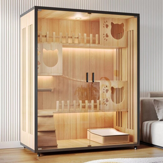 FANAI cat villa cat cage household indoor cat nest house cat house extra large practical wooden cat occupancy breeding cat display cabinet black-medium size [90*60*90] A model delivery upstairs + self-install