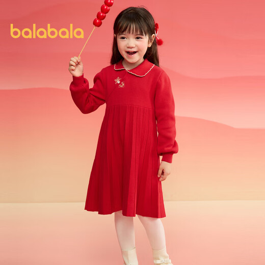 Balabala girls new Chinese style knitted dress 2025 spring red pleated princess New Year skirt 208125111001
