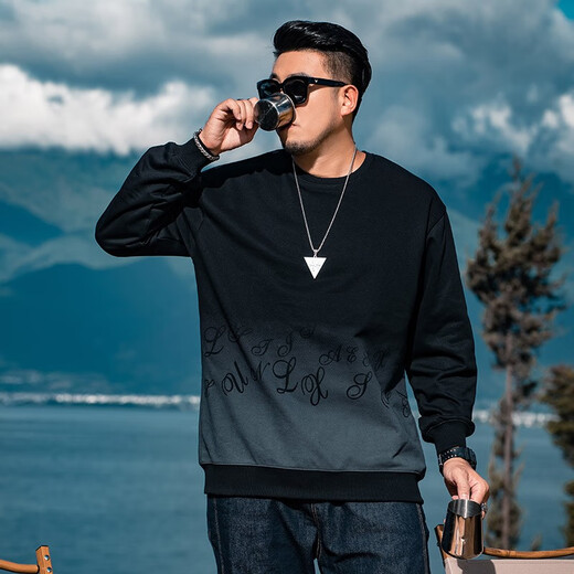 Tanye large size men's sweatshirt men's autumn and winter fat men's clothing fat men plus fat enlarged letters gradient color casual tops trendy brand t22356 black 6XL recommended 240-255Jin Jin is equal to 0.5 kg