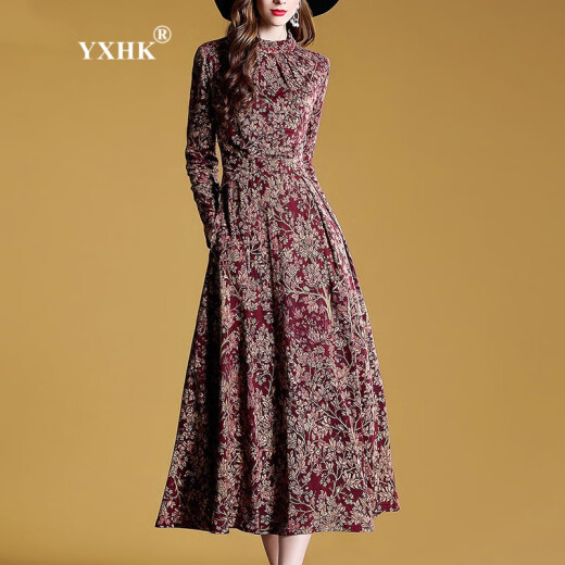 YXHK dress women's autumn French floral long style 2022 new style high elasticity, softness, slimming, retro temperament, big swing long skirt, fortune tree 118M [95-105Jin [Jin equals 0.5 kg] about]