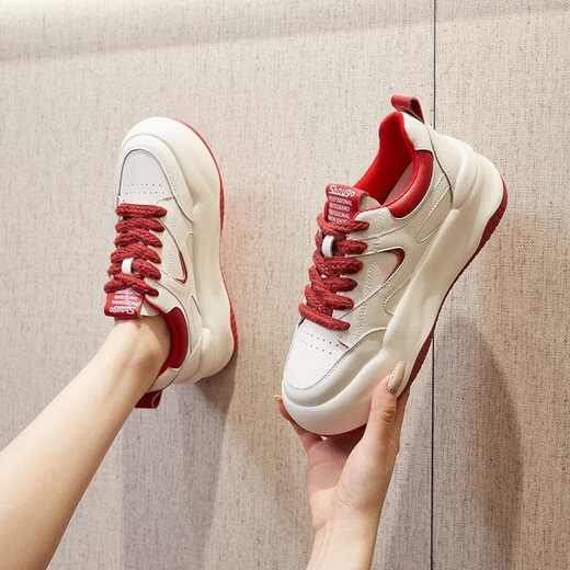 WESTRAVAL small white shoes for women in spring height-enhancing women's shoes for small thick sole sponge cake casual shoes for women lightweight versatile sports shoes red 37 [standard size]
