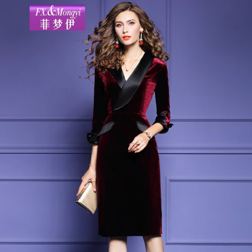 Feimengyi light mature style dress for women autumn new retro V-neck slim velvet lady mid-length skirt burgundy M