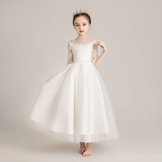 Disney girls white western-style long-sleeved princess dress children's presenter fluffy little girl western-style princess dress flower girl evening dress girl piano performance suit autumn and winter pink short 100cm