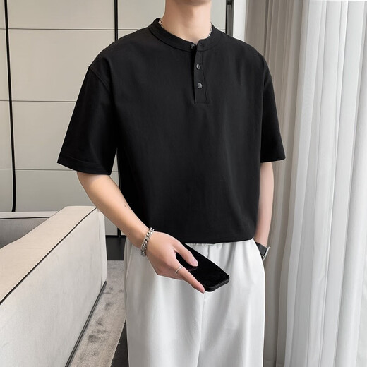 Heavy heavy cotton Henry shirt short-sleeved T-shirt men's summer American retro trend ins loose casual Henry neck T-shirt white XL (recommended 151Jin[Jin equals 0.5 kg]-170Jin[Jin equals 0.5 kg])