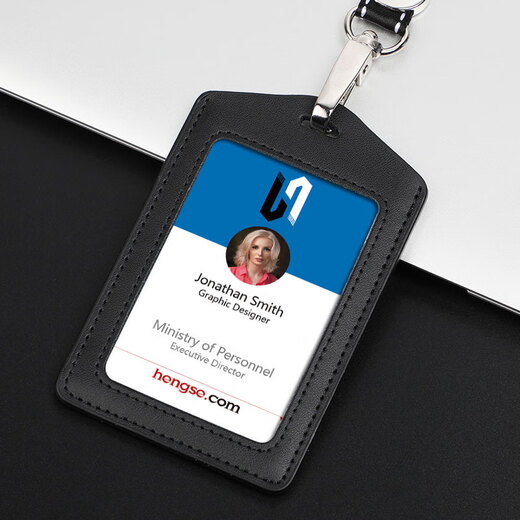 Hengse Working Card Certificate Card Case and Badge Customized Horizontal Version Genuine Leather Industrial Brand Label Label Label Label Label Access Card Certificate Set L702 Black + Lanyard (Double-sided Transparent)