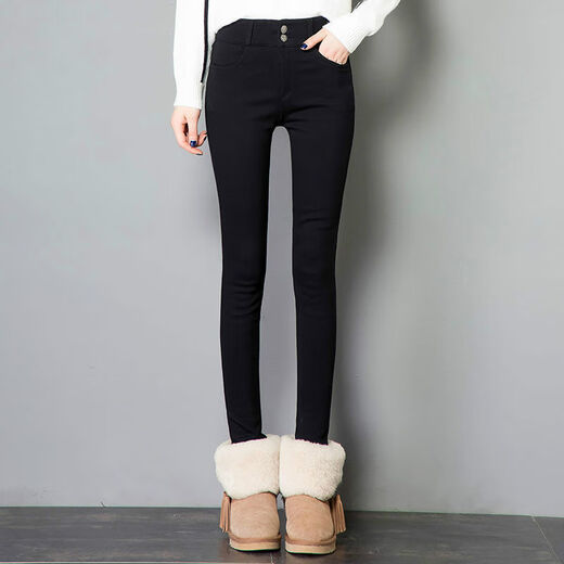 Isadore high-waisted leggings for outer wear for women, autumn and winter black pants, leggings, slim pencil pants, small leg pants, women's fleece pants, two buttons (thick fleece) L (recommended 100-110 Jin Jin equals 0.5 kg)