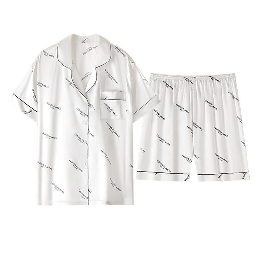 Shamido couple pajamas in summer new ice silk thin short sleeve shorts cardigan simple letters imitation silk men's women's home clothing set 0023-9923 white letters women's style-M