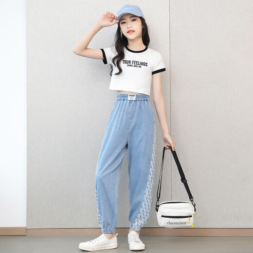NICKYBABY女童牛仔裤夏季2025新款儿童天丝防蚊裤大童夏装冰丝薄款裤子夏天 5799浅蓝色+9922白色【套装】 120 cm