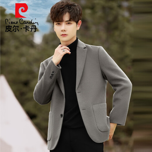 皮尔卡丹毛呢西装外套男春秋季休闲韩版羊毛西服上衣加厚双面呢大衣短款 黑色 M 170