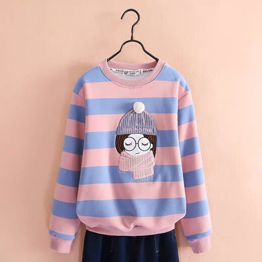 Sajiaowa children's clothing girls' sweatshirts girls' bottoming shirts autumn and winter thin thick long-sleeved T-shirts 2020 bow T-shirts for big children versatile tops four-color powder blue stripes plus velvet style 150 (recommended height is about 145cm)