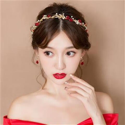 Bridal tiara, Korean style hairband, red hair accessories, fairy headband, toast dress, wedding accessories, rose tiara + earrings (ear clips)