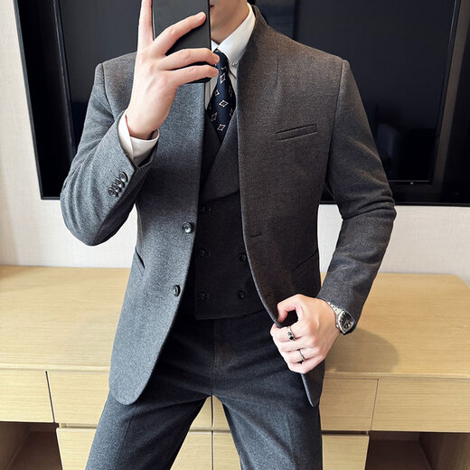 Luo Meng Chinese style stand collar woolen suit suit men's autumn and winter thickened coat trendy handsome casual slim suit three-piece suit brown three-piece suit (suit + vest + trousers) 2XL 135-145Jin Jin equals 0.5 kg