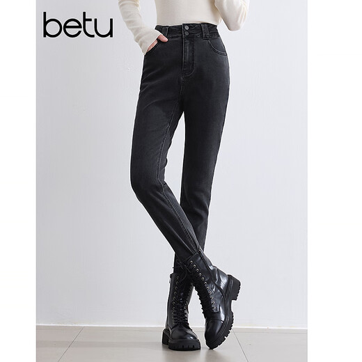 Betu women's new winter jeans brushed high waist slim pencil pants women 2410T87 dark gray M