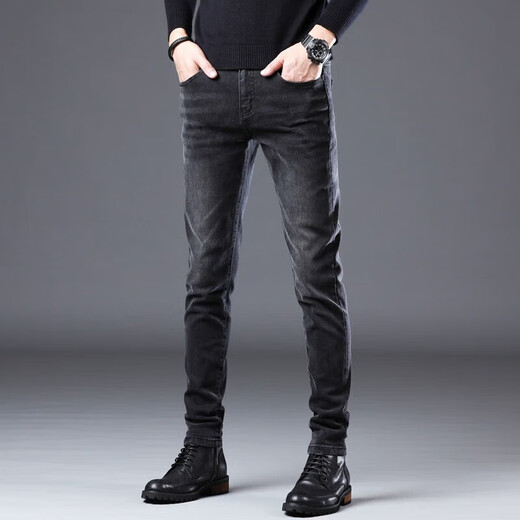 
Romon high-end jeans men's slim feet spring and autumn new Korean style stretch spring style men's casual long pants men's pants 1048 black regular size 32