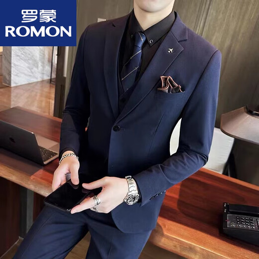 罗蒙（ROMON）男士西服套装男款西装套装休闲男款修身正装西服三件套结婚礼服 黑色双扣/西服+马甲+西裤 9889 L 113-125斤