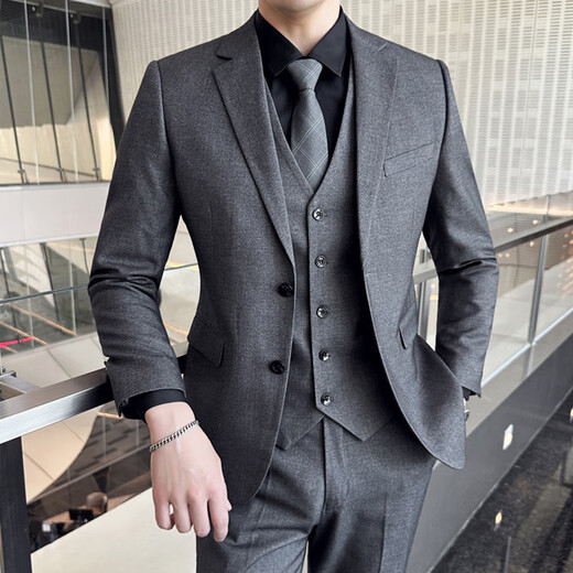 ROMON Men's Suit Suit Business Casual Slim Suit Commuting Professional Formal Wear New Groomsman Wedding Dress Jacket Men Black Double Button Suit+Trousers+Shirt 3XL 150-165Jin Jin is equal to 0.5 kg +8 gifts