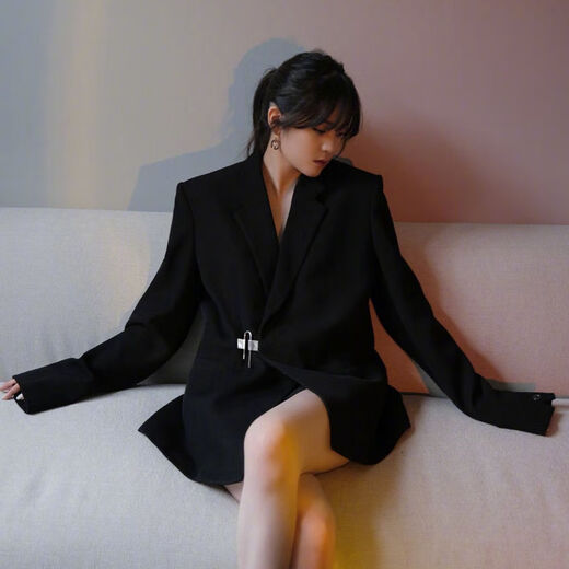 XWDKQ领导夹克秀款versize风格垫肩金属锁扣西装 宽松简约西服外套蔡徐 黑色 S80-110斤