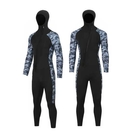 Gumuni cross-border 3MM one-piece wetsuit for men in the sea, cold-proof wetsuit, warm swimsuit, snorkeling paddle board surfing suit, rescue 3mm camouflage gray hooded S S