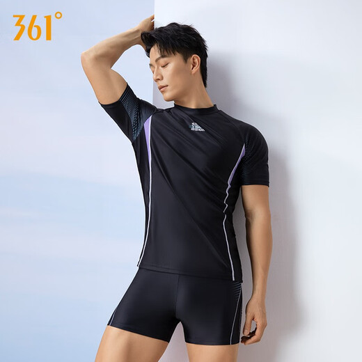 361 Swimsuit Men's Suit Swimsuit Youth Adult Boys Large Size Swimming Top Men's Hot Spring Swimming Shorts Set Black [Single Short Sleeve Top] XL Height 170-180cm Weight 65-75kg