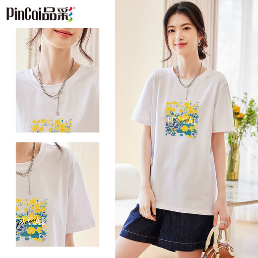 品彩（PinCai）短袖t恤女夏花卉印花字母上衣女时尚宽松圆领内搭 P144T1656