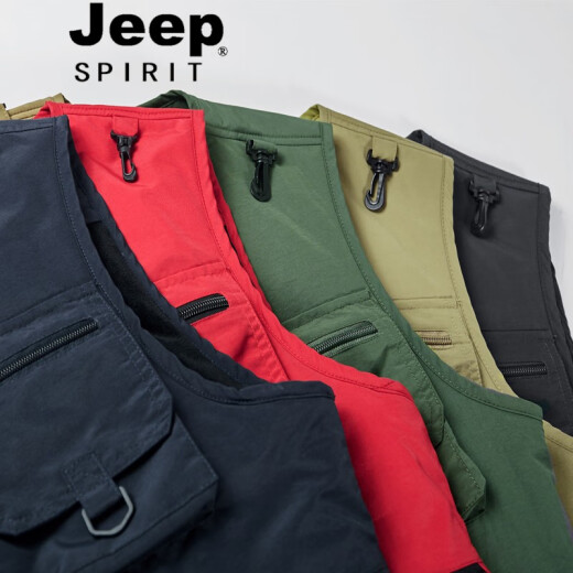 JEEP Jeep Vest Men's Spring and Autumn Outdoor Multi-Pocket Vest Photography Fishing Vest Men's Waistcoat Thin Mountaineering Travel Vest Jacket Khaki Velvet Style 0287L (140-155Jin [Jin is equal to 0.5 kg])