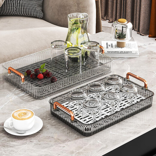WORTHBUY tea tray tray living room light luxury double-layer drain cup holder coffee table small rectangular tea set tea cup fruit tray large transparent gray belt drain