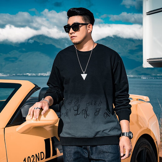 Tanye large size men's sweatshirt men's autumn and winter fat men's clothing fat men plus fat enlarged letters gradient color casual tops trendy brand t22356 black 6XL recommended 240-255Jin Jin is equal to 0.5 kg