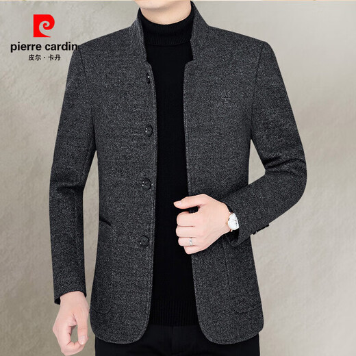 皮尔卡丹（pierre cardin）羊毛呢外套男秋冬季中年商务立领夹克男休闲潮流羊毛绒外套男爸爸 藏青 M (100-120斤)