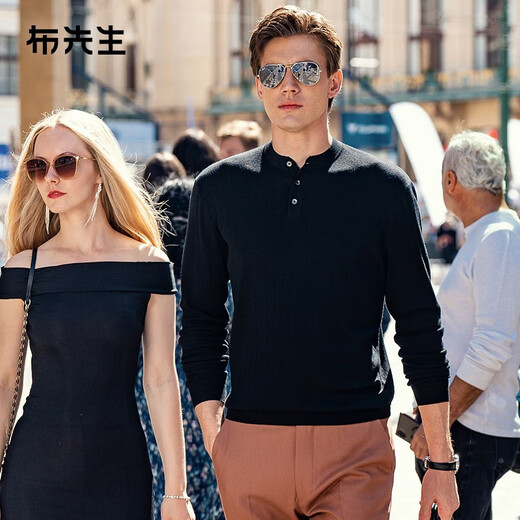 Mr. Bu's 23rd Spring and Autumn New Henley Collar Sweater Long Sleeve Wool T-Backing Clothes Men's Sweater BT12199 Black 2XL (185)