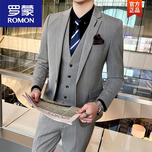 罗蒙（ROMON）西服套装男士商务条纹英伦职业正装休闲小西装新郎结婚礼服潮男生 1908黑色单西+马甲+衬衫+西裤 M