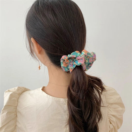 Berenwei French bm floral plaid pig intestine hair ring retro versatile fabric hair rope net red hair accessories blue and white plaid