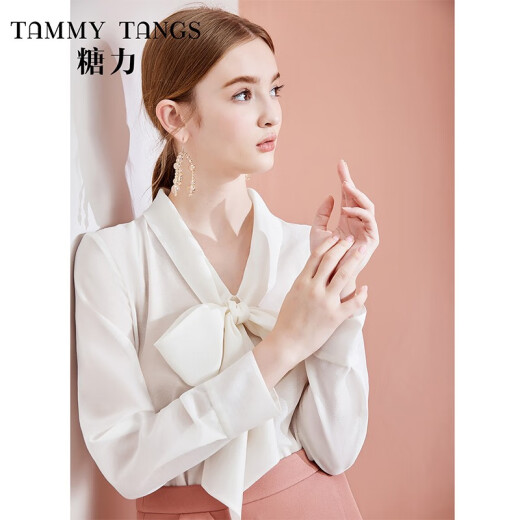 [Same style in shopping mall] Tangli autumn new long-sleeved ribbon thin gauze two-piece blouse top for women white (soft gauze white) M