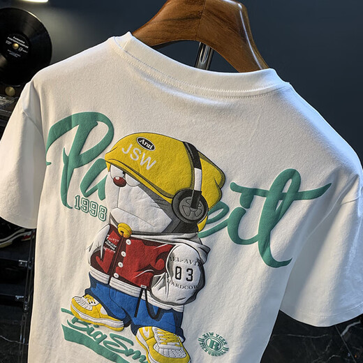Jeep Spirit 1941 Estd Dingdang Katzendruck Kurzarm T-Shirt Männer 2024 Sommer dünner Mode Komfort Top Runde Hals Cartoon T-Shirt Männer 9913 Weiß 2xl Größe