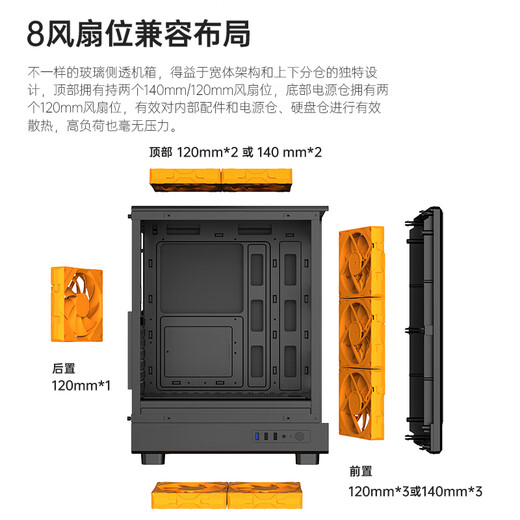 Golden field's abbreviation is extremely wide-body desktop computer main case, fully compatible with 240 water cooling/compatible with M-ATX motherboard/7 fan positions/USB3.0/180mm CPU radiator height limit, black + 6 FZ-L12 black fans (4 front and 2 reverse)