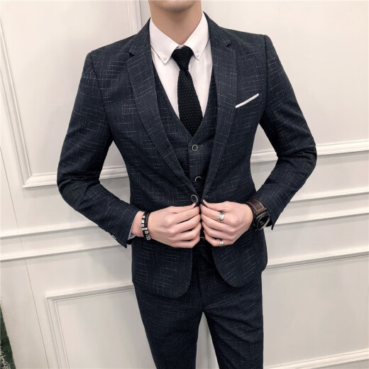 Qihang suit men's slim-fit Korean style business casual wedding dress small suit vest shirt trousers three-piece groom's suit black and gray (single suit) 170/L (120-130)