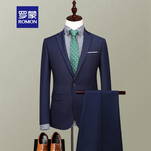 Luo Meng suit complete suit for men, young and middle-aged workwear, wedding dress, groomsmen professional formal wear, work business suit jacket, navy blue (two-piece set, single button) 180A (180) XL