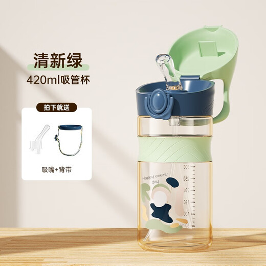 ANDYBABY儿童水杯夏季PPSU吸管奶瓶幼儿园外出上学专用直饮杯大宝宝喝水壶 清新绿 420ml 【贈吸嘴+背带圈】
