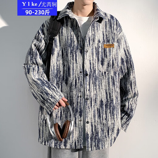 Vous ruike gras 230jin [Jin est égal à 0,5 kg] de grande taille Tiktok automne de grande taille de grande taille de teinture rétro veste de travail imprimée masculine de veste décontractée A001-J683 Black Plus Fleece 2xl costume (160-170jin [Jin est égal à 0,5 kg]))