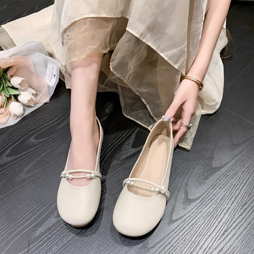 Nine-inch sunshine flat shoes for women, round toe pearl bean shoes, one-step gentle shoes, versatile apricot color size 38