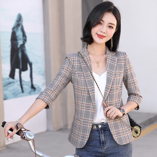 樱芭妮格子小西装外套女2025春秋新款修身显瘦小个子休闲小西服长袖上衣 8918杏格长袖 2XL （119-128斤）