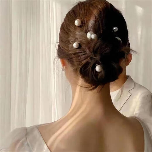 SHANGGE hairpin U-shaped hairpin with pearl headdress for girls lazy ball head gift artifact fairy hair accessories silver 16-piece set (4 sizes)