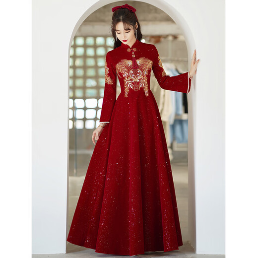 Seidler New Chinese Cheongsam Toast Wear Bride 2025 New Burgundy Xiuhe Clothes Home Long Sleeve Wedding Engagement Dress Burgundy M (Recommended 96-105 Jin Jin equals 0.5 kg)